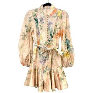 Zimmermann Illuminate Peplum Mini Linen Floral Dress Peach Hydrangea Size 1 US 6